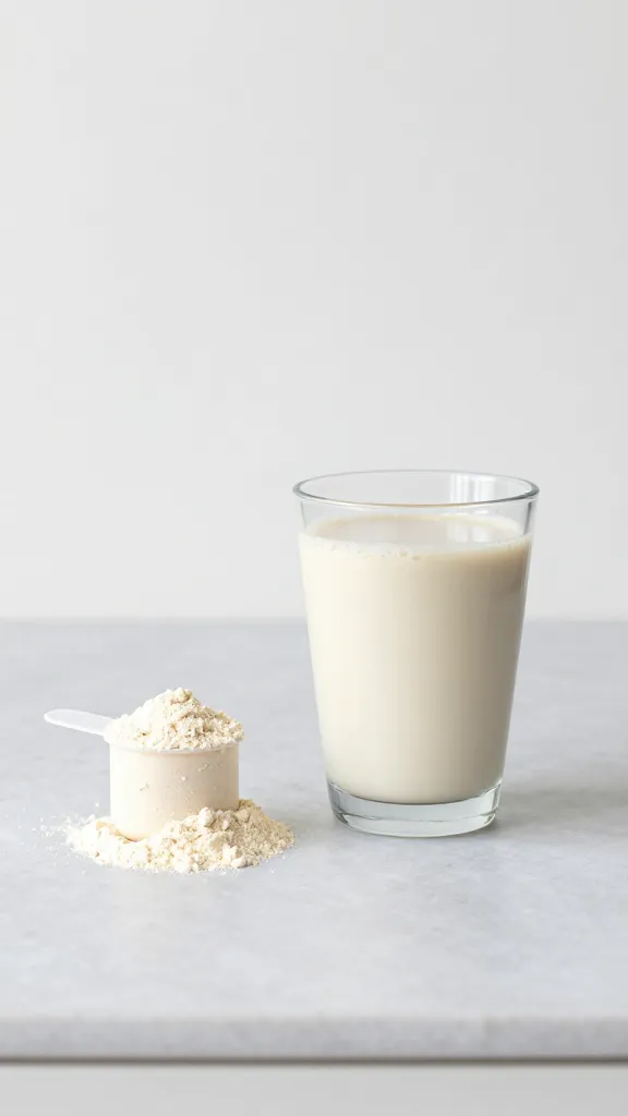 Minimalist kitchen scene, protein powder scoop near smoothie glass
