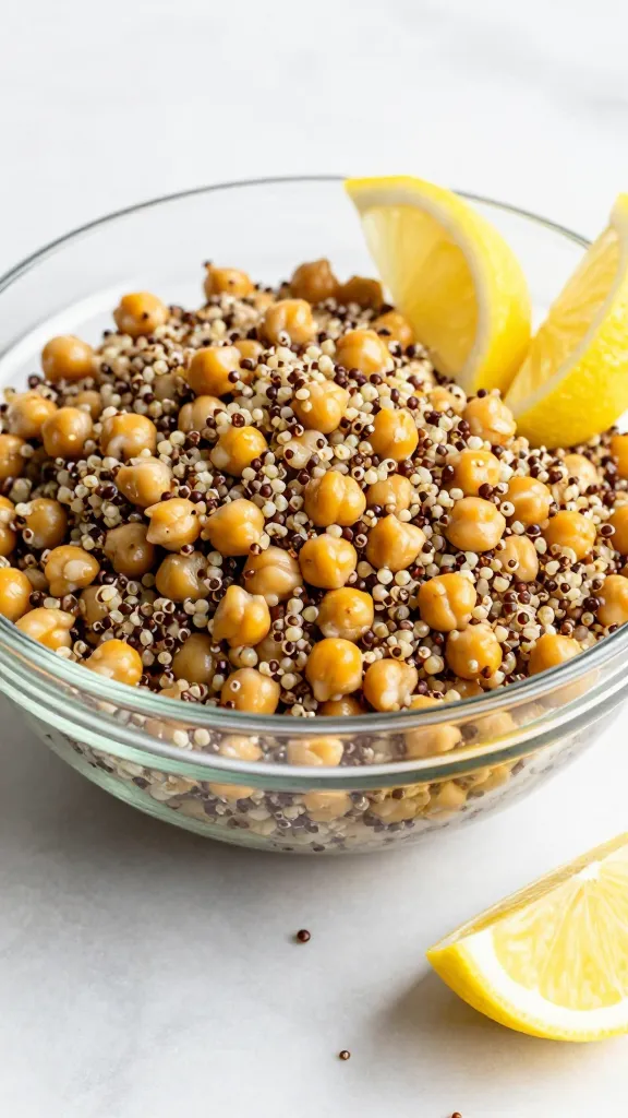 Bright quinoa chickpea salad in glass bowl with lemon wedges