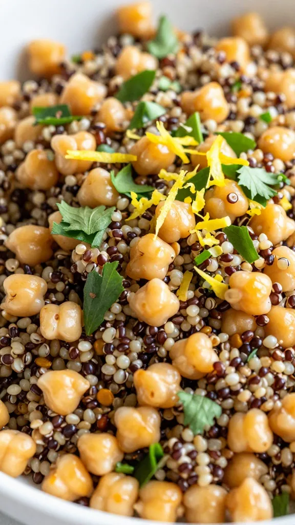 Close-up of colorful quinoa chickpea salad, fresh herbs, lemon zest