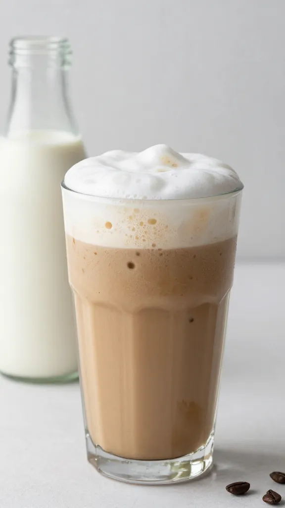 Iced coffee protein smoothie in glass with frothy top, milk bottle beside