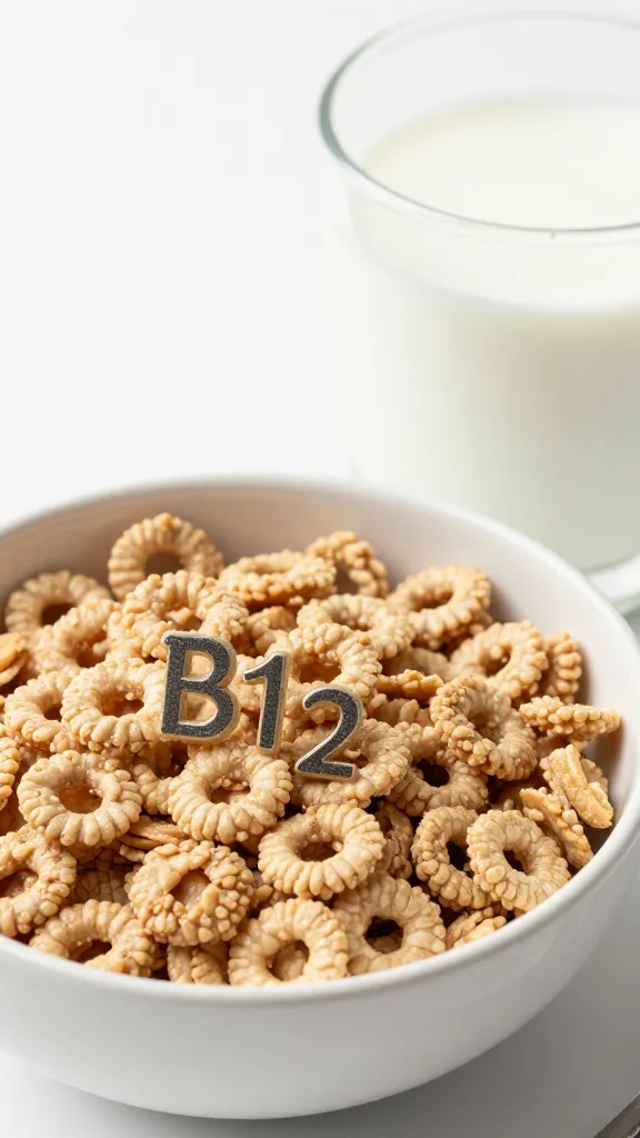 B12 source: fortified cereal bowl with glass of milk