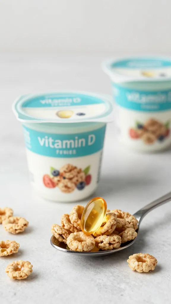 Vitamin D fortified foods: yogurt, fortified cereal, spoon