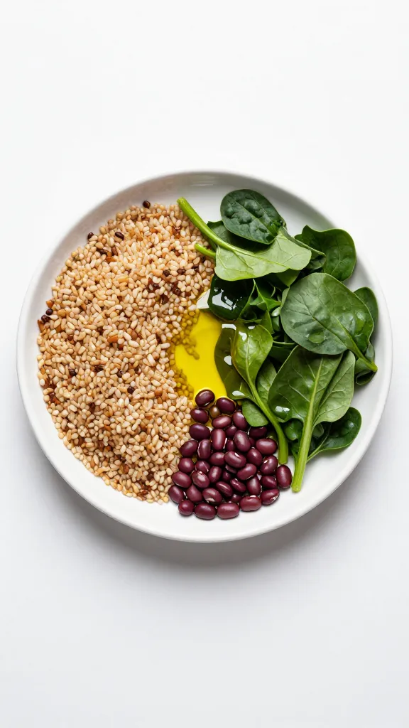 Balanced plate: whole grains, legumes, leafy greens, drizzle olive oil