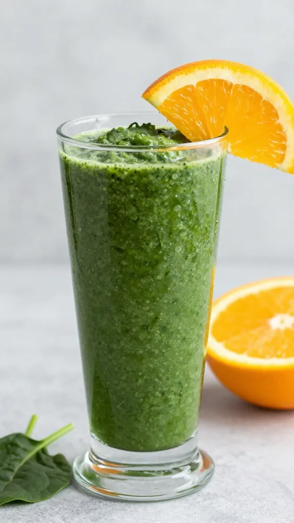 Spinach-green smoothie in a tall glass with orange slice