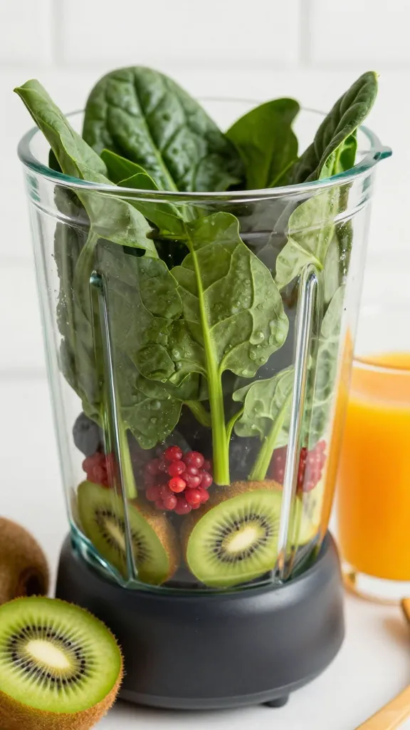 Close-up of blender with spinach, berries, kiwi, orange juice