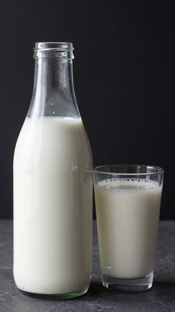 Glass bottle of fortified plant-based milk beside smoothie