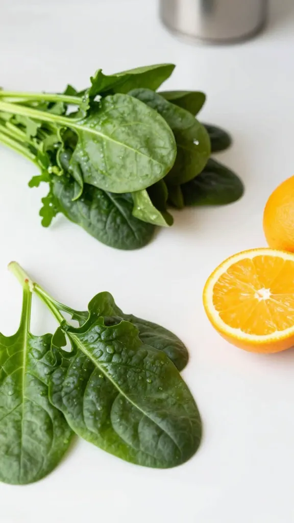Fresh spinach leaves and citrus fruits on clean kitchen counter