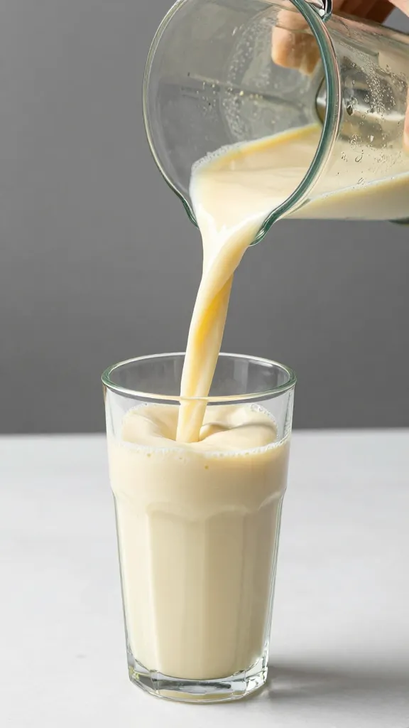 Pouring smoothie from blender into glass tumbler, bright light