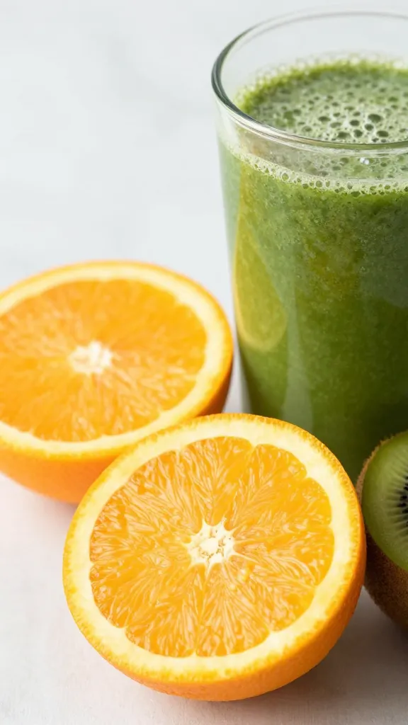 Vitamin-C-rich orange and kiwi halves next to green smoothie