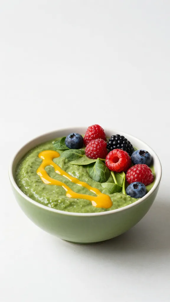 Smoothie bowl with spinach, berries, and orange juice drizzle, studio lighting