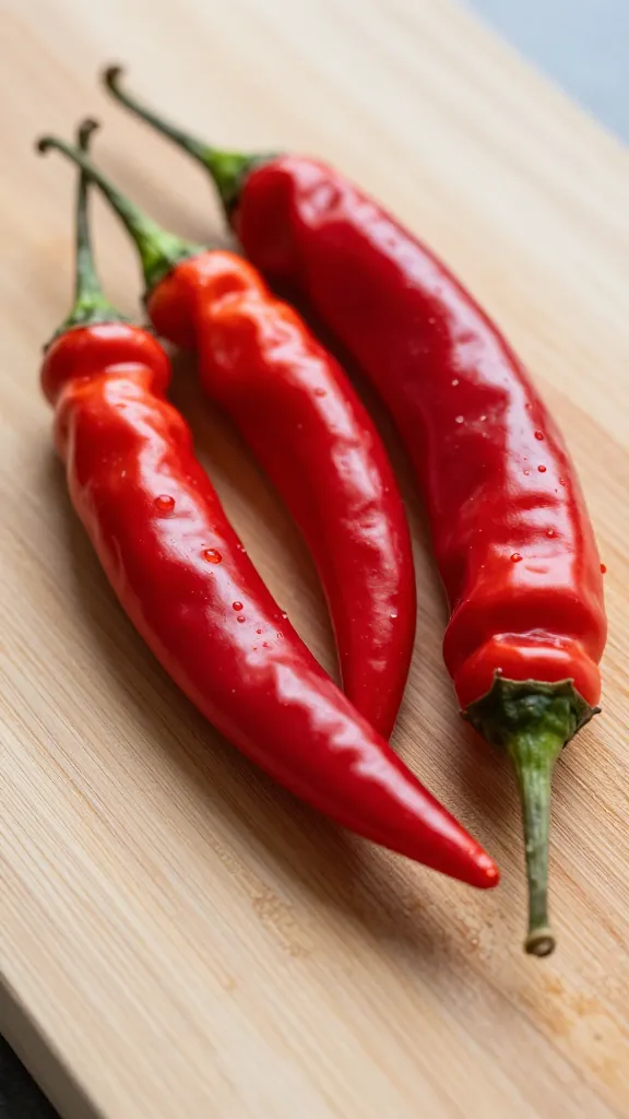 spicy peppers on wooden cutting board, close-up