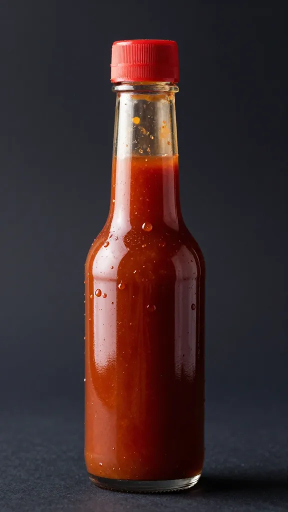 hot sauce bottle with droplet, dark studio backdrop