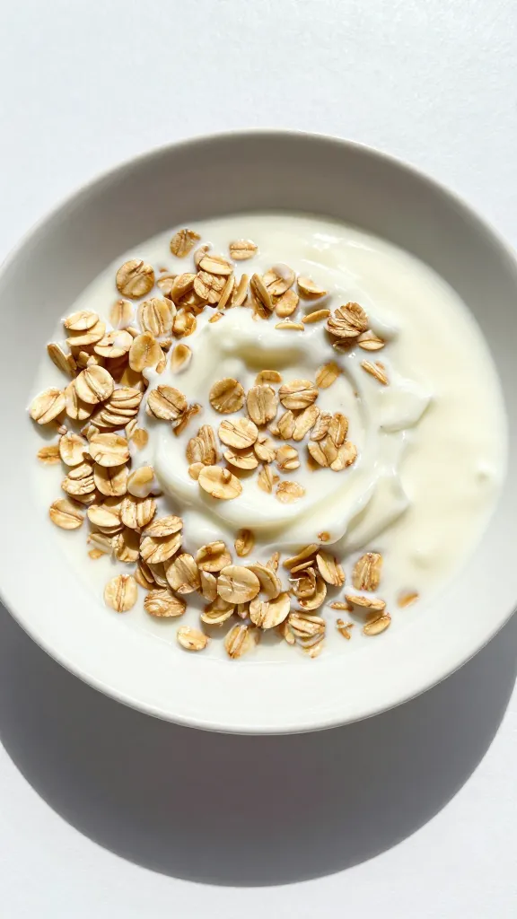 Breakfast plate with oats and yogurt in bright daylight