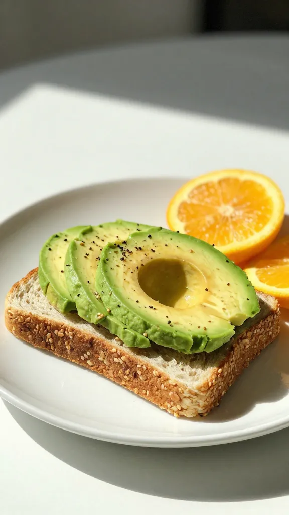 Whole-grain toast, avocado, and fruit on a sunny table