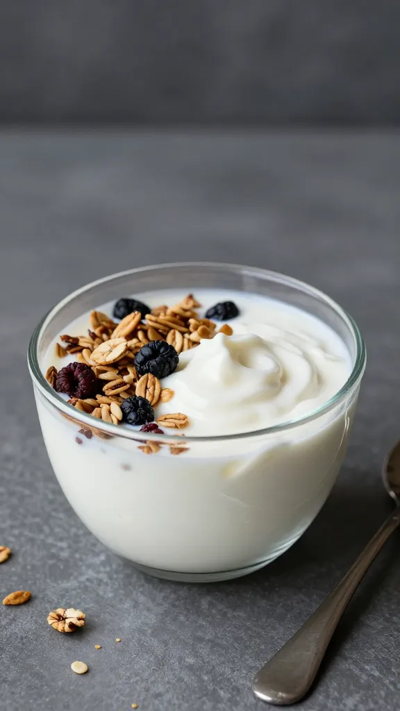 Greek yogurt with granola bowls in studio lighting