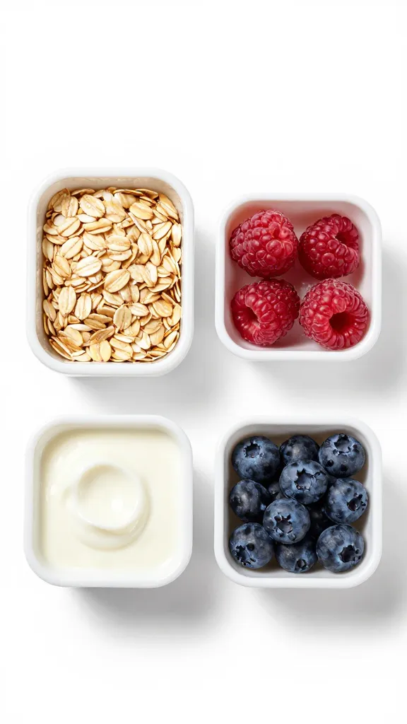 Portable snack setup: oats, yogurt, and berries