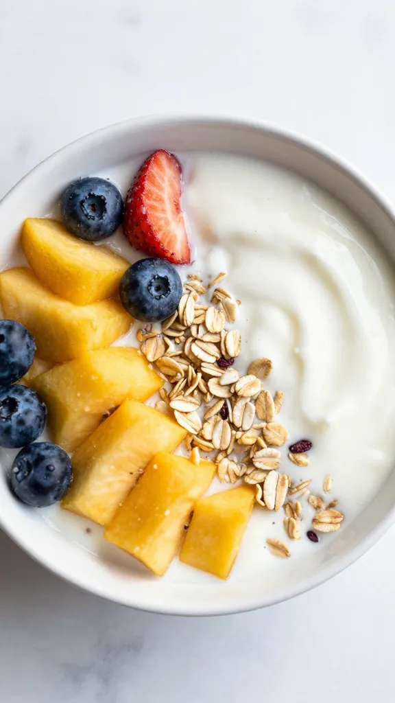 Smoothie bowl featuring fruit, yogurt, and oats