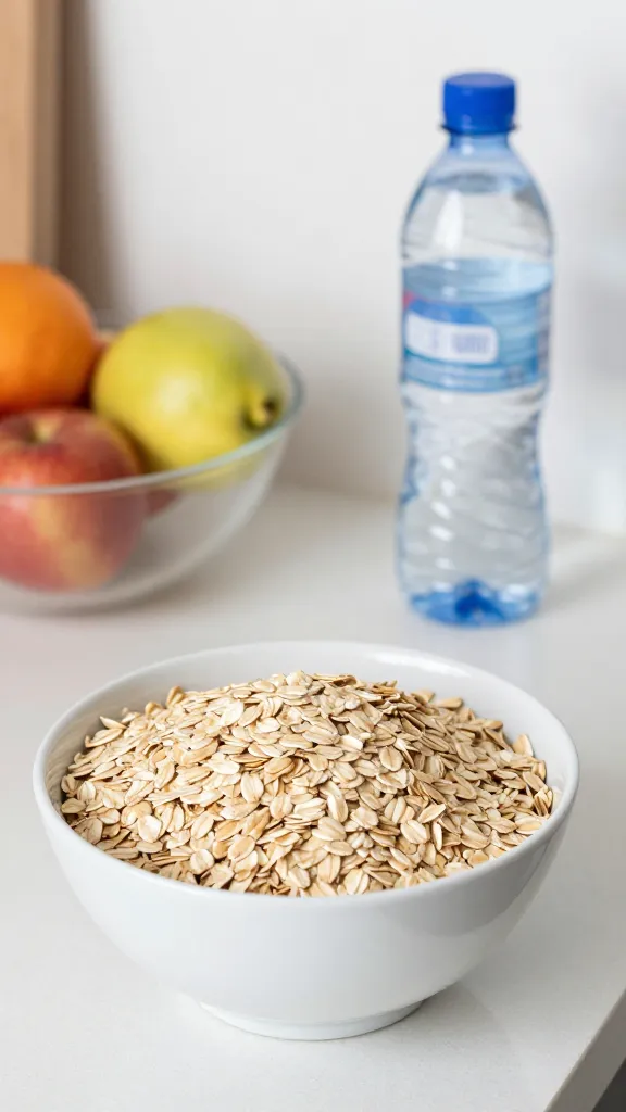 Kitchen counter with oats, fruit, and a bottle of water