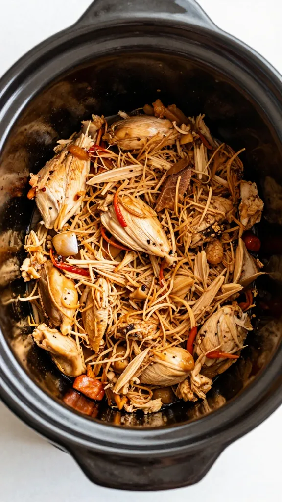 slow cooker with shredded chicken in pot
