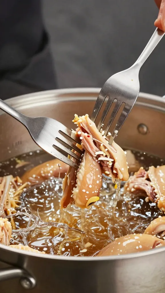 two forks shredding chicken in pot, juices splashing