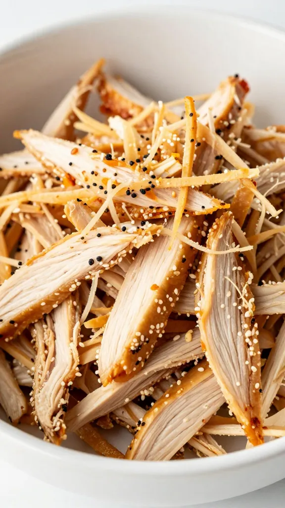 close-up shredded chicken in taco bowl, bright lighting