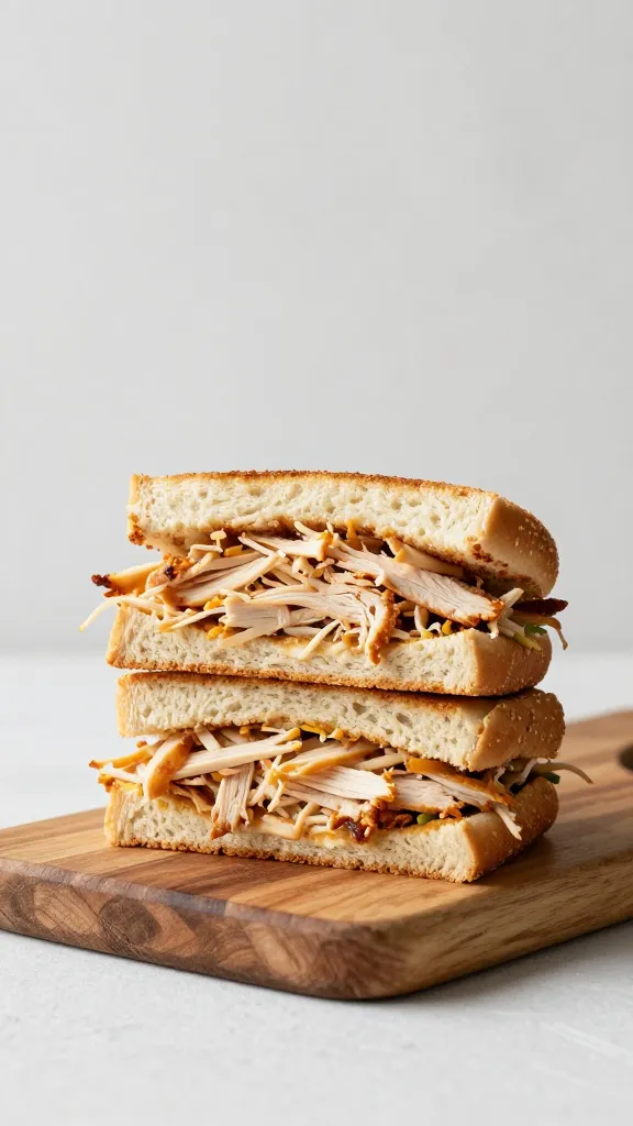 stack of shredded chicken sandwiches on rustic board, minimal props