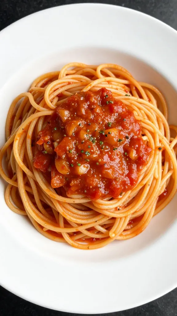 gluten-free spaghetti with light tomato sauce, white plate