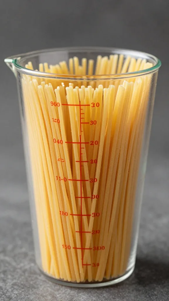 measuring cup of cooked spaghetti, portion control