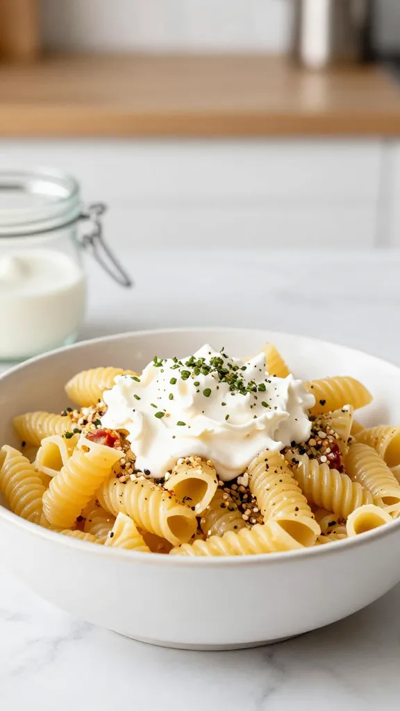 gluten-free pasta bowl, bright kitchen, protein topping