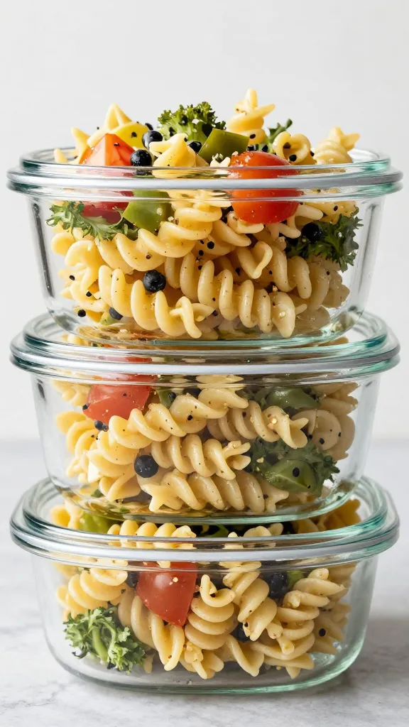 Cold gluten-free pasta salad in glass meal prep container