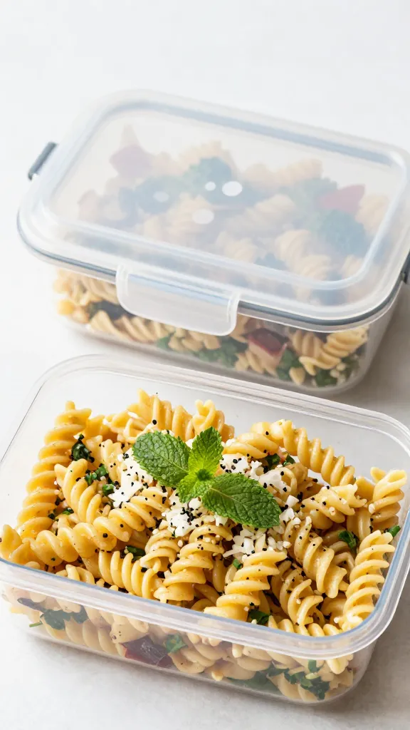 Summer-ready lunch setup: pasta salad, lunchbox, mint garnish