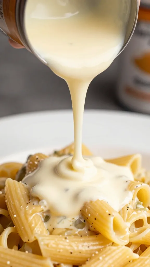 Creamy low-calorie sauce pouring over gluten-free pasta