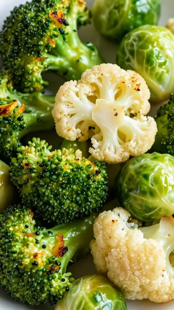 Close-up: roasted broccoli, cauliflower, Brussels sprouts