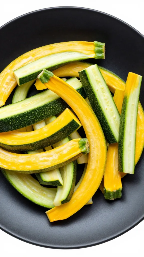 Vibrant zucchini and yellow squash medley on black plate