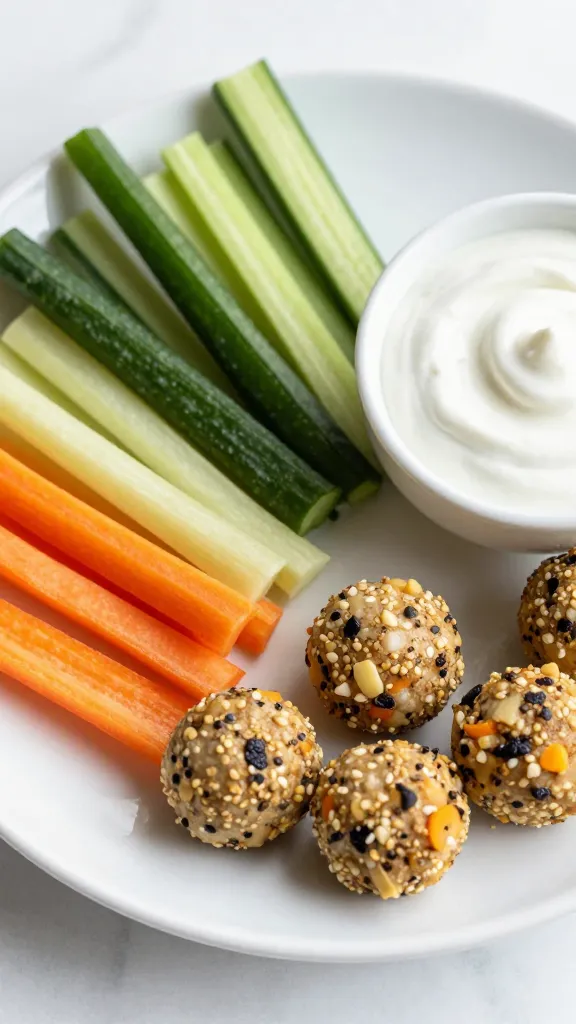 Colorful veggie sticks with protein bites and dip plate