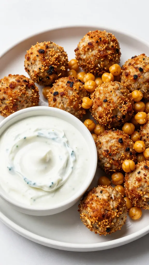 Air-fried chickpeas and turkey meatballs with Greek yogurt dip