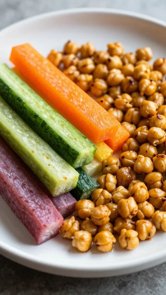 Rainbow veggie sticks beside roasted chickpeas on platter