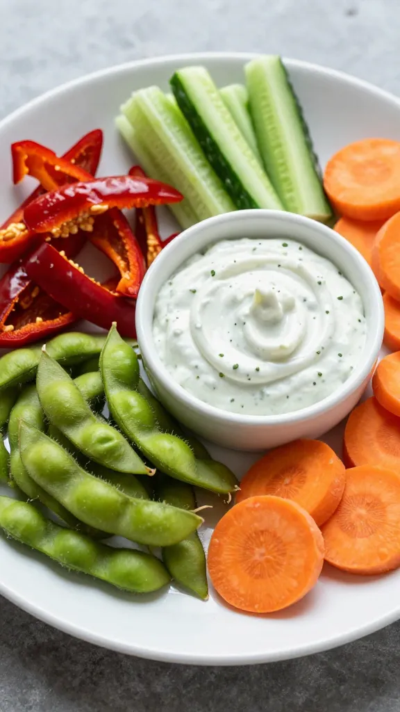 Edamame with paprika, cucumber spears, carrot coins, dip combo