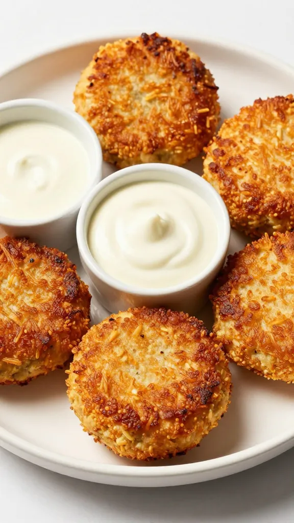 Plate of crispy-edge patties with dipping sauce