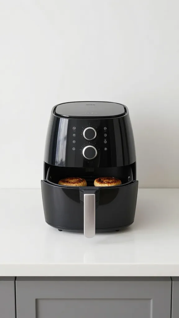Minimalist kitchen scene featuring air fryer and patties
