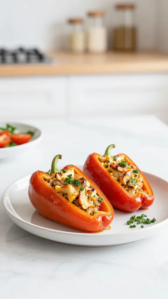 Bright kitchen scene: plated stuffed peppers, garnish sparingly