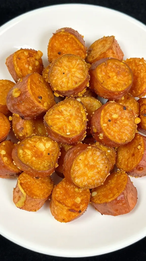 crispy air-fried sweet potato cubes on white plate