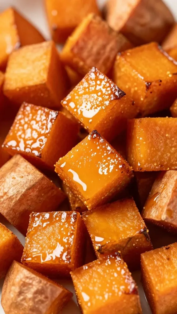 close-up of caramelized sweet potato cubes, oil sheen
