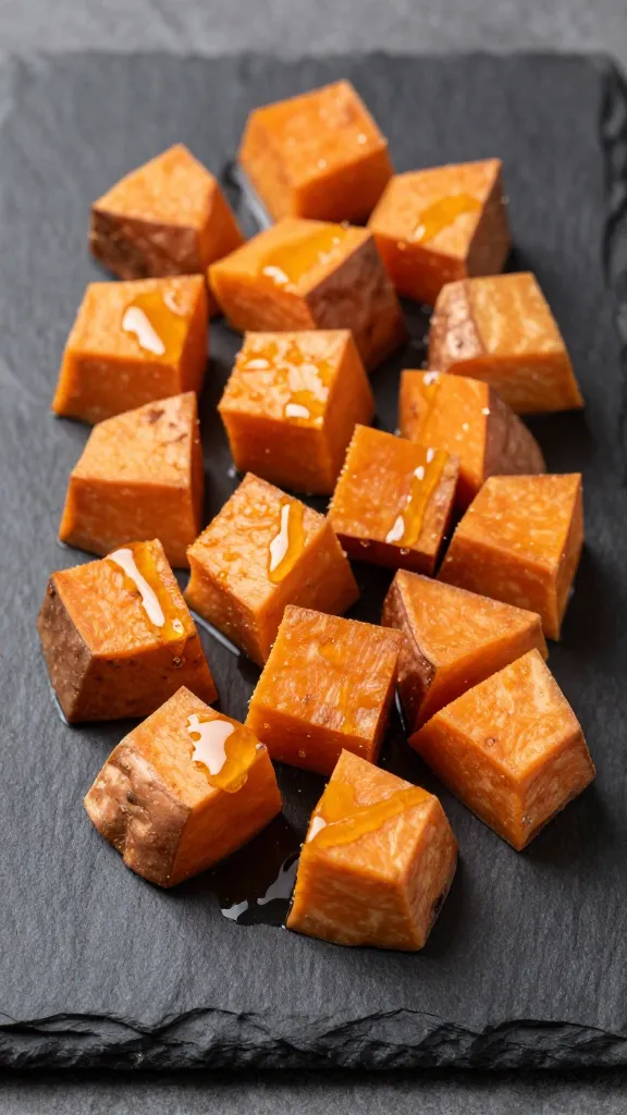 slate board with crisp sweet potato cubes, minimal oil drizzle