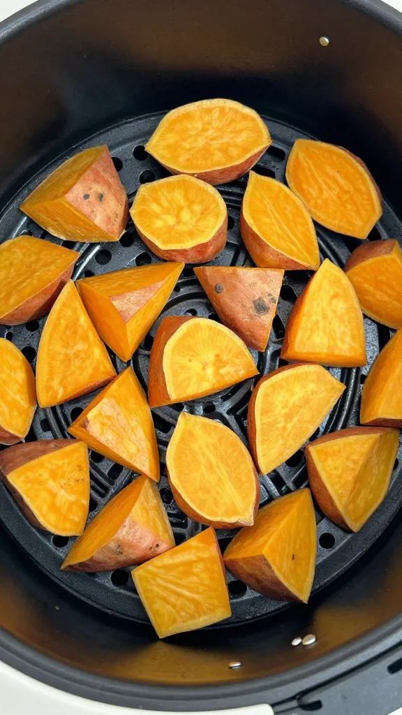 high-angle shot of golden sweet potato cubes in air fryer basket