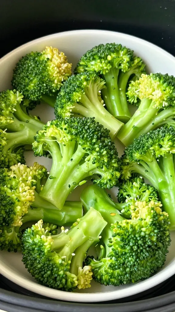 Vibrant air-fryer veggie bowl close-up with crisp broccoli florets