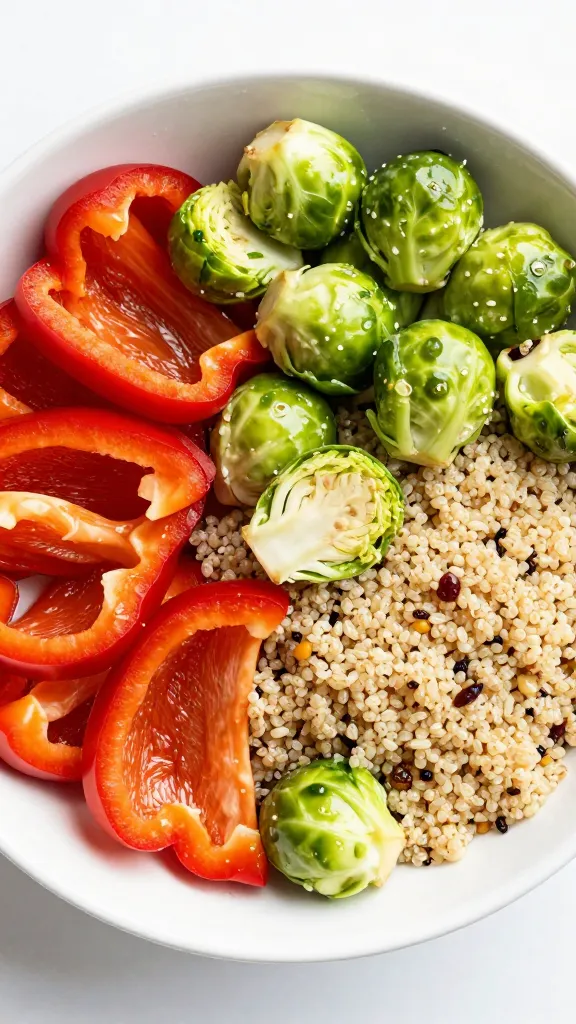 Colorful veggie bowl with peppers, Brussels sprouts, and quinoa