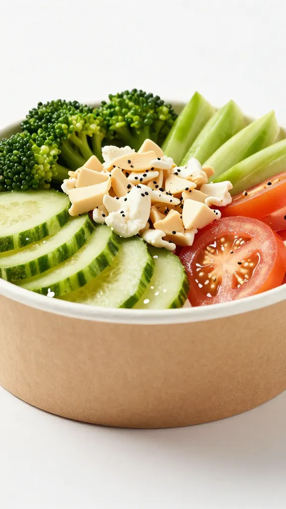 Side-angle studio shot of plated weight-loss veggie bowl textures