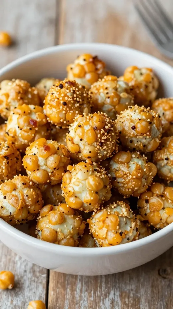 Air fryer chickpea bites in bowl, rustic counter
