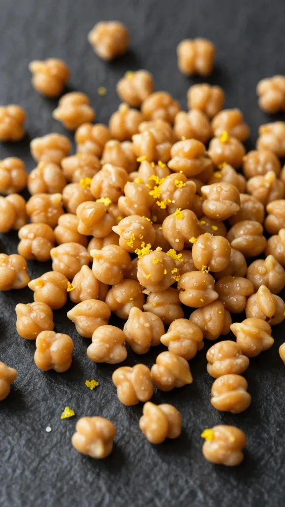 Scattered chickpea bites with lemon zest, dark background